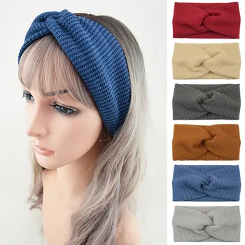 Fashion Knitted Cross Headband Soft Warm Elastic Hair Band Solid Color Wide Hairband Handmade Pasidaryk pats Moterų plaukų aksesuarai