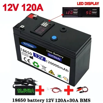 12V Baterija 120Ah 18650 ličio baterija Įkraunama baterija saulės energijai elektromobilio baterija +12.6v3A įkroviklis