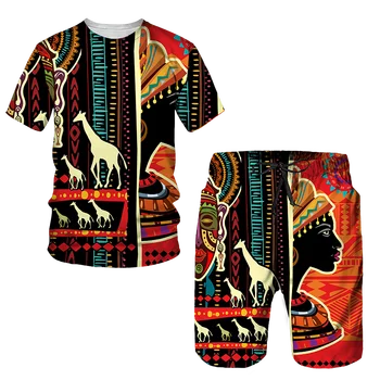 Vyrų afrikietiško stiliaus vasaros sportinis kostiumas Etninis totemo atspaudas Marškinėliai Šortai Laisvalaikio drabužiai Vintažiniai oversized mados drabužiai