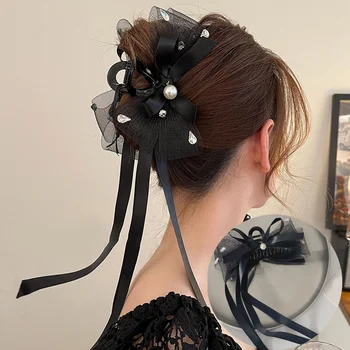 Saldus tinklelis Tiulio kutai Didelis lankas Plaukų nagų spaustukai moterims Elegantiškas juodas peteliškės ponytail spaustukas Plaukų spaustukas Galvos apdangalo priedai
