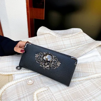 Prabangaus dizaino Moterys Ilgos piniginės Piniginės Kaukolės stiliaus piniginės moterims Mergaitės pinigų kišeninių kortelių laikiklis Moteriškos piniginės Telefono krepšys
