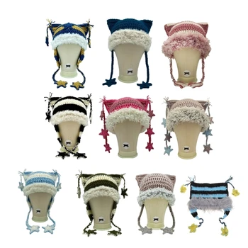 Lovely Cat Ear Hat for Girls Hats Gift for Besties- Soft Crochet Knitted H9ED