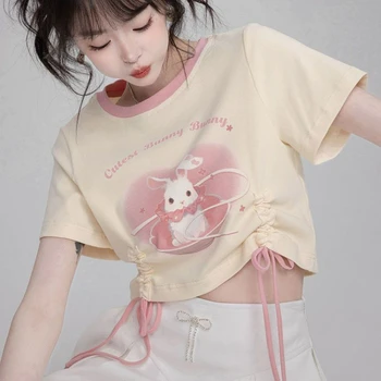 Japoniški saldūs Lolitos marškinėliai Moterys Kawaii O Kaklo sutraukiamas raištis Dizainas Trumpomis rankovėmis Crop Tops Girls Y2k Estetinis zuikis Print Trišakiai